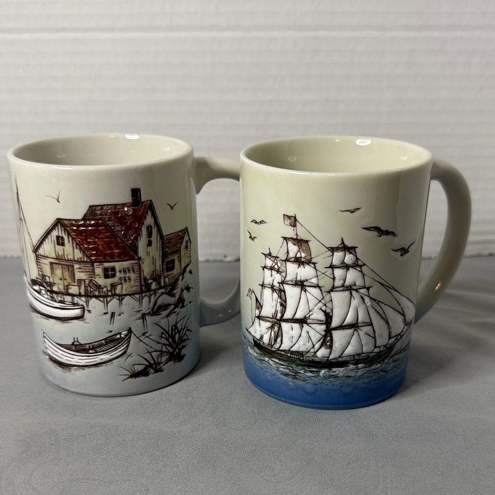 Nautical Themed Ceramic Mugs From Japan Schooner Ship & Seaside Fishing Village